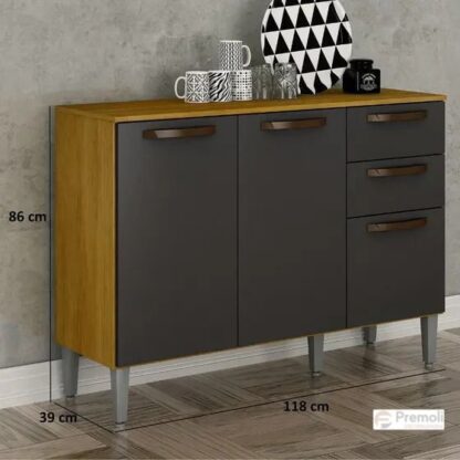 Balcão Maísa 1.18 3 Portas 2 Gavetas Cinamomo/Cinza/Acetinado -  Chf Móveis