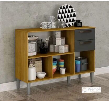 Balcão Maísa 1.18 3 Portas 2 Gavetas Cinamomo/Cinza/Acetinado -  Chf Móveis - Imagem 2
