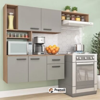 Cozinha Compacta Suspensa LIS 180 cm 5 Portas 1 Gaveta-Cor  Manchester/Cinza  Fellicci