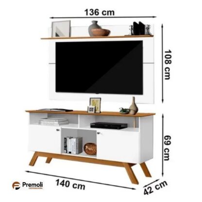 Rack Amsterdã & Painel Venus  Para Tv 55 Polegadas Branco Madeira  Tebarrot