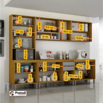 Cozinha Eduarda 5 Peças Cristaleira-C/Led Balção 1.20cm /Balção 80cm / Aéreo1.20cm /Aéreo80cm Cinamomo Off CHF Móveis Portas em MDF - Imagem 4