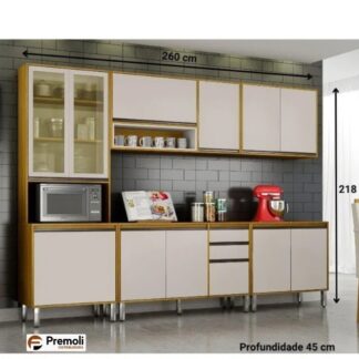Cozinha Eduarda 5 Peças Cristaleira-C/Led Balção 1.20cm /Balção 80cm / Aéreo1.20cm /Aéreo80cm Cinamomo Off CHF Móveis Portas em MDF