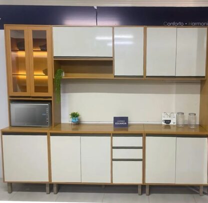 Cozinha Eduarda 5 Peças Cristaleira-C/Led Balção 1.20cm /Balção 80cm / Aéreo1.20cm /Aéreo80cm Cinamomo Off CHF Móveis Portas em MDF - Imagem 2