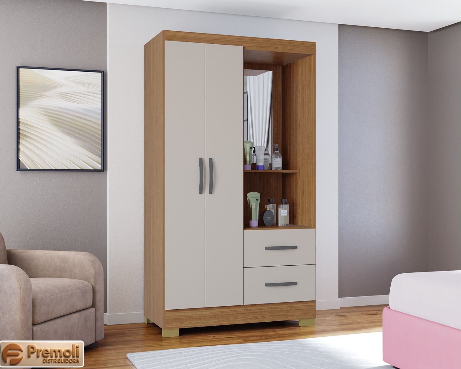 Roupeiro Cordoba 99cm 2 Portas Cor cinamomo/Off White Poquema