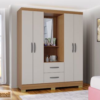 Roupeiro Cordoba 1.48cm 4 Portas Cor Cinamomo / Off White Poquema