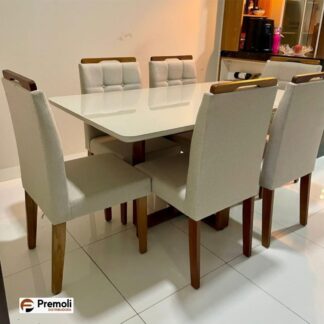 Mesa de Jantar Safira Em Madeira Maciça 1.60×90 C. Vidro 6 Cad. Pérola Linho Bege