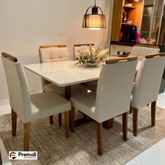 Mesa de Jantar Safira Em Madeira Maciça 1.60×90 C. Vidro 6 Cad. Pérola Linho Bege