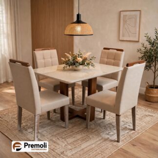 Mesa de Jantar Safira 1.20x80 EM  MADERIRA MACIÇA  C. Vidro 4 Cad. Pérola LINHO  Bege