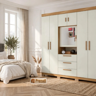Roupeiro Catania Luxo 1.73cm V2 C/Espelho 6 Portas Freijo/ Off White Avelan Moveis