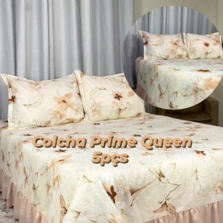 Colcha  Prime 5 Peças Queen  Cor Bege Floral  Estampas Variadas