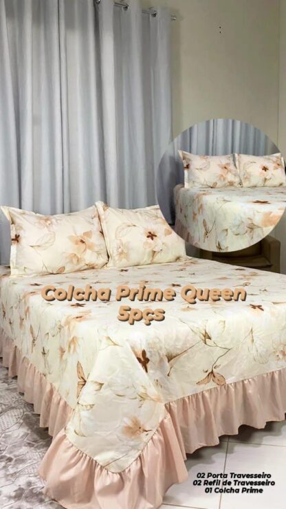 Colcha  Prime 5 Peças Queen  Cor Bege Floral  Estampas Variadas