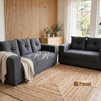 Sofa Pop Bela 2 /3 Lugares Veludo Cor Cinza Escuro  – Almofadas soltas Pés em Madeira