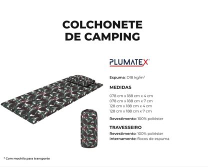 COLCHONETE DE CAMPING 128 cm x 188 cm x 4 cm TRAVESSEIRO Revestimento: 100% poliéster Internamente: flocos de espuma