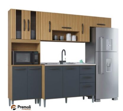 Cozinha Compacta 8 Portas Com Balcão/Pra Pia Sem Tampo Lavínia Damasco/ ripado Cinza  – Poquema