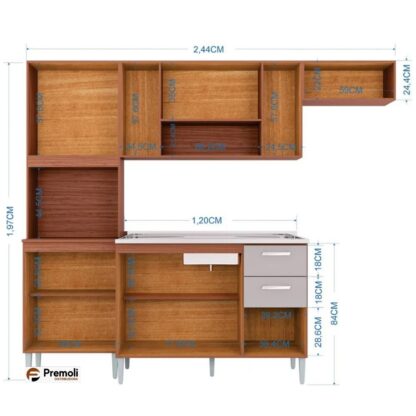Cozinha Compacta 8 Portas Com Balcão Pra Pia Sem Tampo  Lavínia Damasco/off ripado - Poquema - Image 4