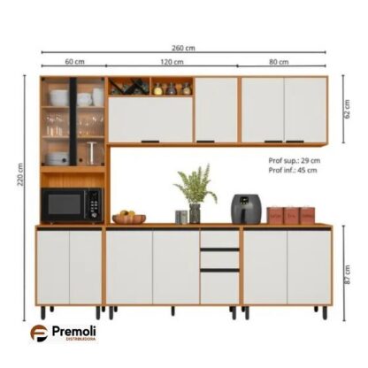 Cozinha Ravena Completa 5 Peça Paneleiro/ Balção 80/ Balção1.20/ Aerio1.20/ Aerio 80/ Cor Freijo off/acetinado C/Led Poliman