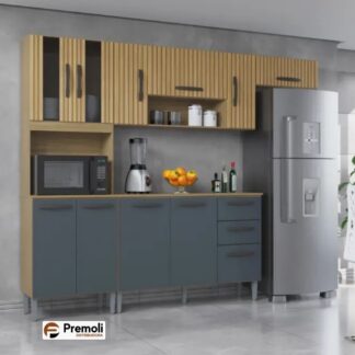 Cozinha Compacta Lavínia 8 Portas C/Balcão C/ Tampo Não Pega Pia  Damasco/ ripado Cinza Poquema