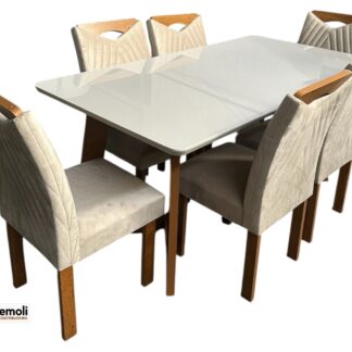 Mesa Dubai 1.70x90 C/ 6 Cadeiras Nevada Cor Off/Cinamomo Cel moveís