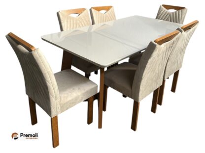 Mesa Dubai 1.70x90 C/ 6 Cadeiras Nevada Cor Off/Cinamomo Cel moveís