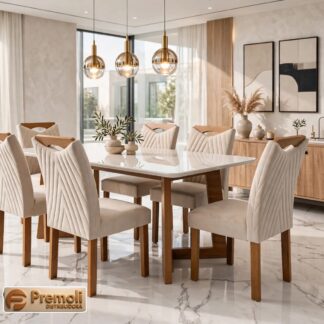 Mesa Dubai 1.70x90 C/ 6 Cadeiras Nevada Cor Off/Cinamomo Cel moveís