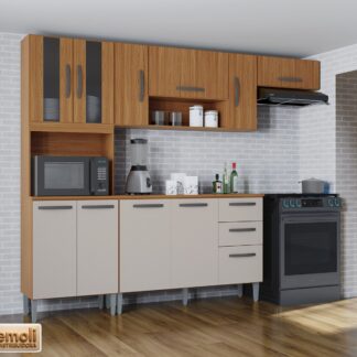 Cozinha Compacta Lavinia 8 Portas C/ Balcão C/Tampo Não Pega Pia Damasco/off ripado Poquema