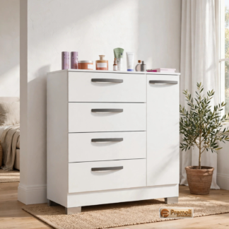 Cômoda  1 Pota 4 Gavetas Branco  Poquema Moveis