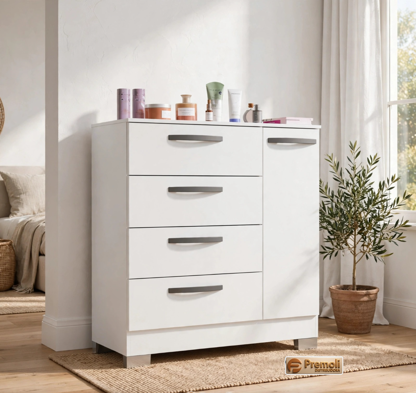 Cômoda 1 Pota 4 Gavetas Branco Poquema Moveis
