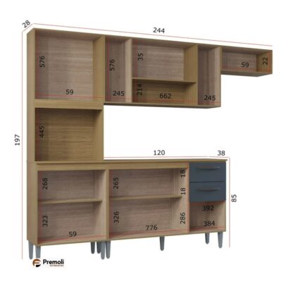 Cozinha Compacta Lavínia 8 Portas C/Balcão C/ Tampo Não Pega Pia  Damasco/ ripado Cinza Poquema - Imagem 3