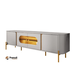 Rack Juquehy Largura:180 Cor Off Cinamomo  75 Polegadas  4 Portas com Vidro e Led  Pés em aço