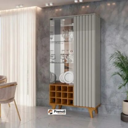 Cristaleira Elba Ripado Real Portas de Vidro Pés de Madeira Maciça 12 Nichos Garrafeiros  Bechara  Off-White/Cinamomo