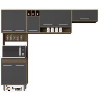 Cozinha Compacta Poliman Barcelona com 8 Portas e 3 Prateleiras - 258cm de largura - Carvalho/Grafite