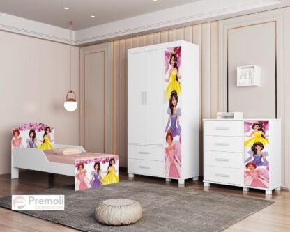 Conjuto livia Comoda Roupeiro e Cama infantil 100% MDF Pés em madeira barbi menina