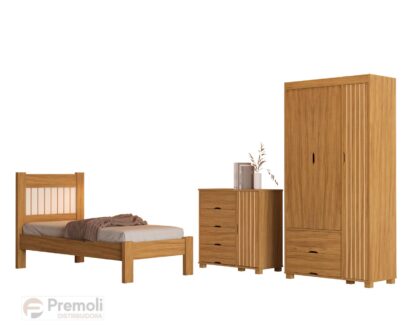 conjunto cama solteiro bela +Comoda Bela +Roupeiro Bela 100% MDF Pés em madeira - Imagem 2