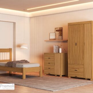 Conjunto Cama Solteiro Bela+Comoda Bela +Roupeiro Bela Cor Nature 100% MDF Pés em madeira