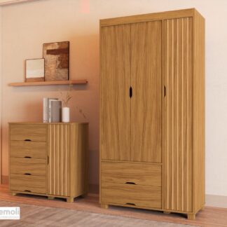 Guarda-Roupa 3 Portas + Cômoda 4 Gavetas com Sapateira Bela Nature 100% MDF  Pés madeira