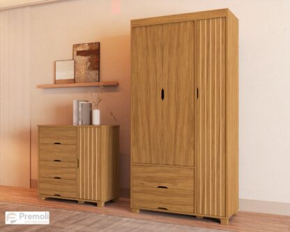 Guarda-Roupa 3 Portas + Cômoda 4 Gavetas com Sapateira Bela Nature 100% MDF  Pés madeira