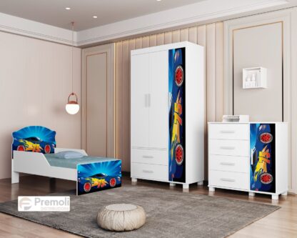 Conjuto livia Comoda Roupeiro e Cama infantil 100% MDF Pés em madeira carro menino
