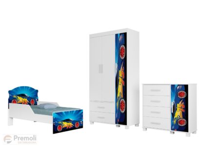 Conjuto livia Comoda Roupeiro e Cama infantil 100% MDF Pés em madeira carro menino - Imagem 2