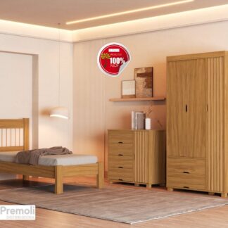 Conjunto Cama Solteiro Bela+Comoda Bela +Roupeiro Bela Cor Nature 100% MDF Pés em madeira