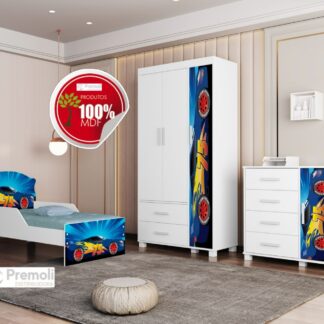 Conjunto Livia Carro Comoda+ Roupeiro+ Cama infantil Cor Branco Azul 100% MDF Código 08 Pés Em Madeira Menino
