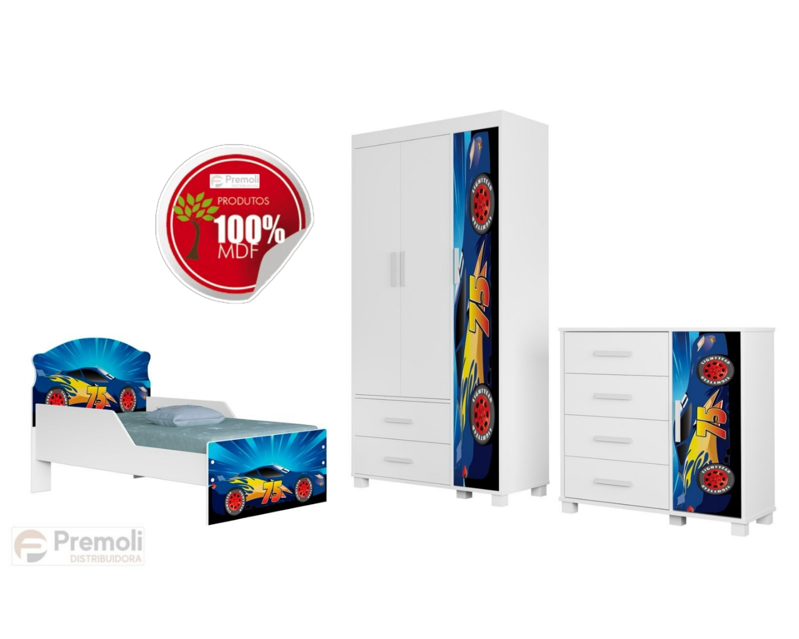 Conjunto Livia Carro Comoda+ Roupeiro+ Cama infantil Cor Branco Azul 100% MDF Código 08 Pés Em Madeira Menino - Imagem 4