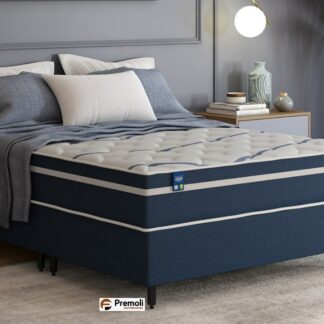 Conjunto Queen Size 158x193x72 Duro Spring Azul Molas Ensacadas Plumatex + Brinde Suave Encosto