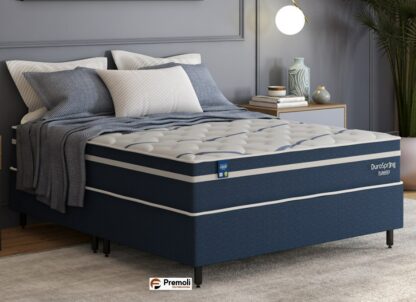Conjunto Queen Size 158x193x72 Duro Spring Azul Molas Ensacadas Plumatex + Brinde Suave Encosto