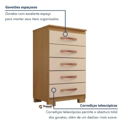 Cômoda 5 Gavetas Itapema -Cor carvalho/off Incorplac - Imagem 2