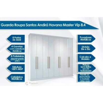 Guarda-Roupa Casal Master New cor branco  com 8 Portas e 4 Gavetas santos andira - Imagem 6
