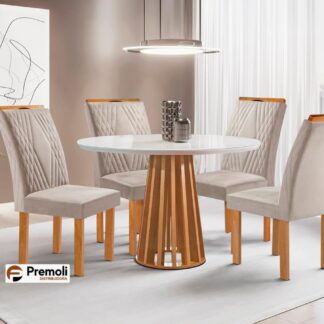 Mesa de Jantar Berlim Redonda com 4 Cadeiras  Berlim Cel Móveis Cor Cinamomo Off White com Tecido Bege