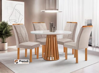 Mesa de Jantar Berlim Redonda com 4 Cadeiras  Berlim Cel Móveis Cor Cinamomo Off White com Tecido Bege