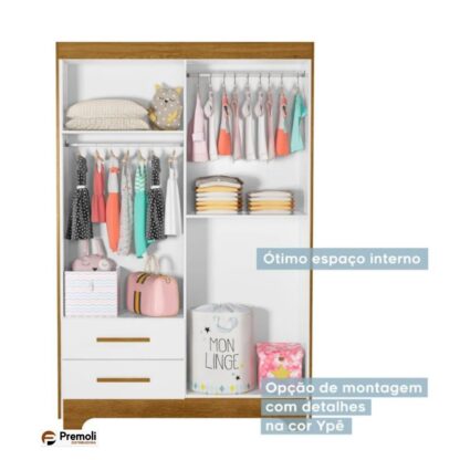 Guarda Roupa Roupeiro Infantil Fly 4 Portas 2 Gavetas Tigus Baby Flex Branco Madeirado Ypê - Imagem 3