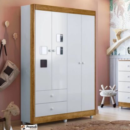 Guarda Roupa Roupeiro Infantil Fly 4 Portas 2 Gavetas Tigus Baby Flex Branco Madeirado Ypê - Imagem 2