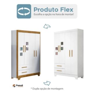 Guarda Roupa Roupeiro Infantil Fly 4 Portas 2 Gavetas Tigus Baby Flex Branco Madeirado Ypê